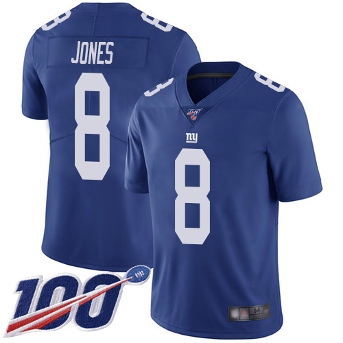 Men New York Giants 8 Daniel Jones Royal Blue Team Color Vapor Untouchable Limited Player 100th Season Football NFL Jersey